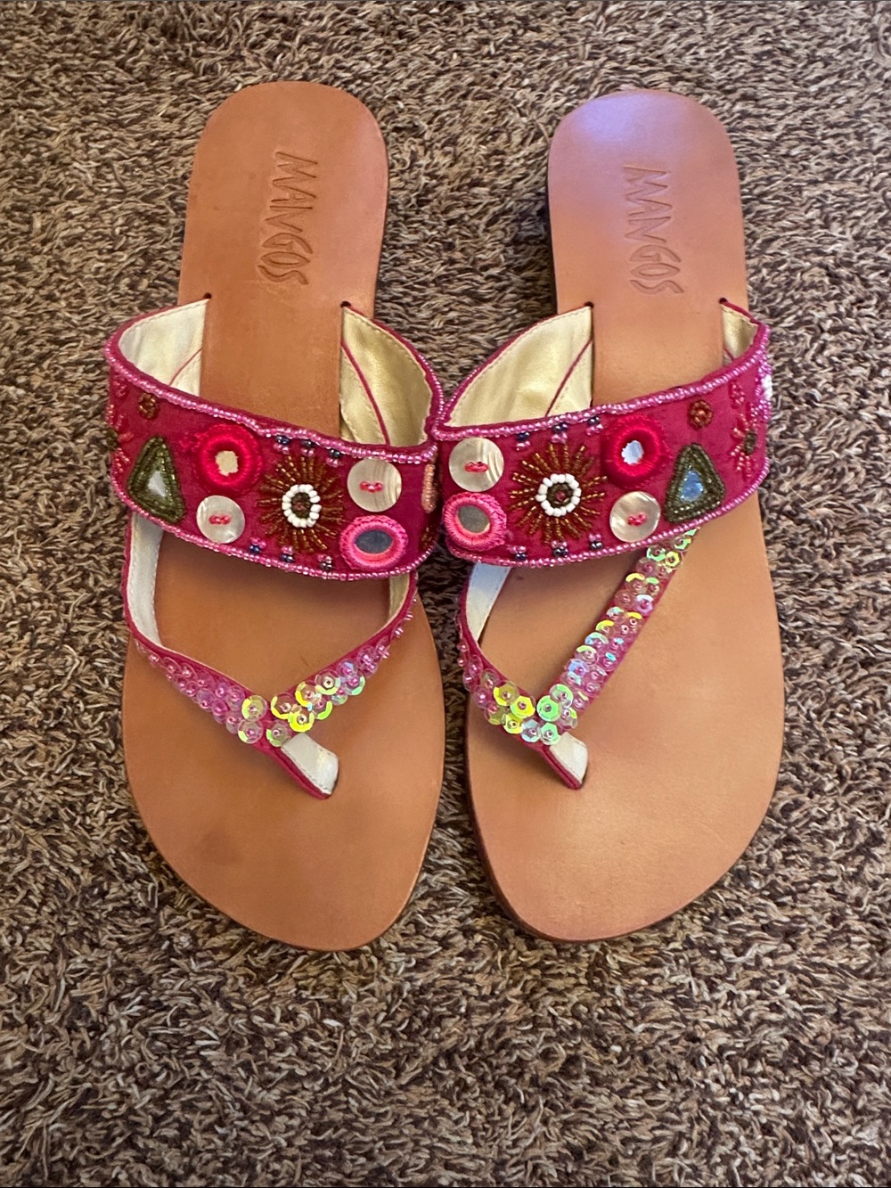 Mango Hot Pink Beaded Sequin Thong Sandals